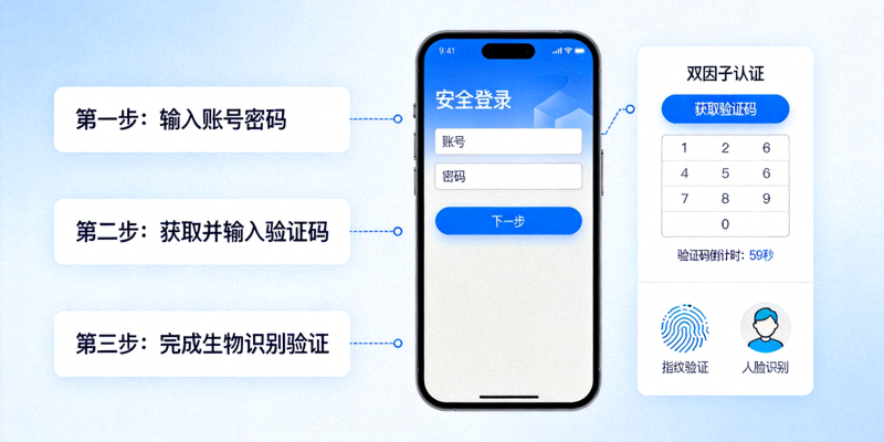 手机双因子认证界面示意图，显示安全登录流程
